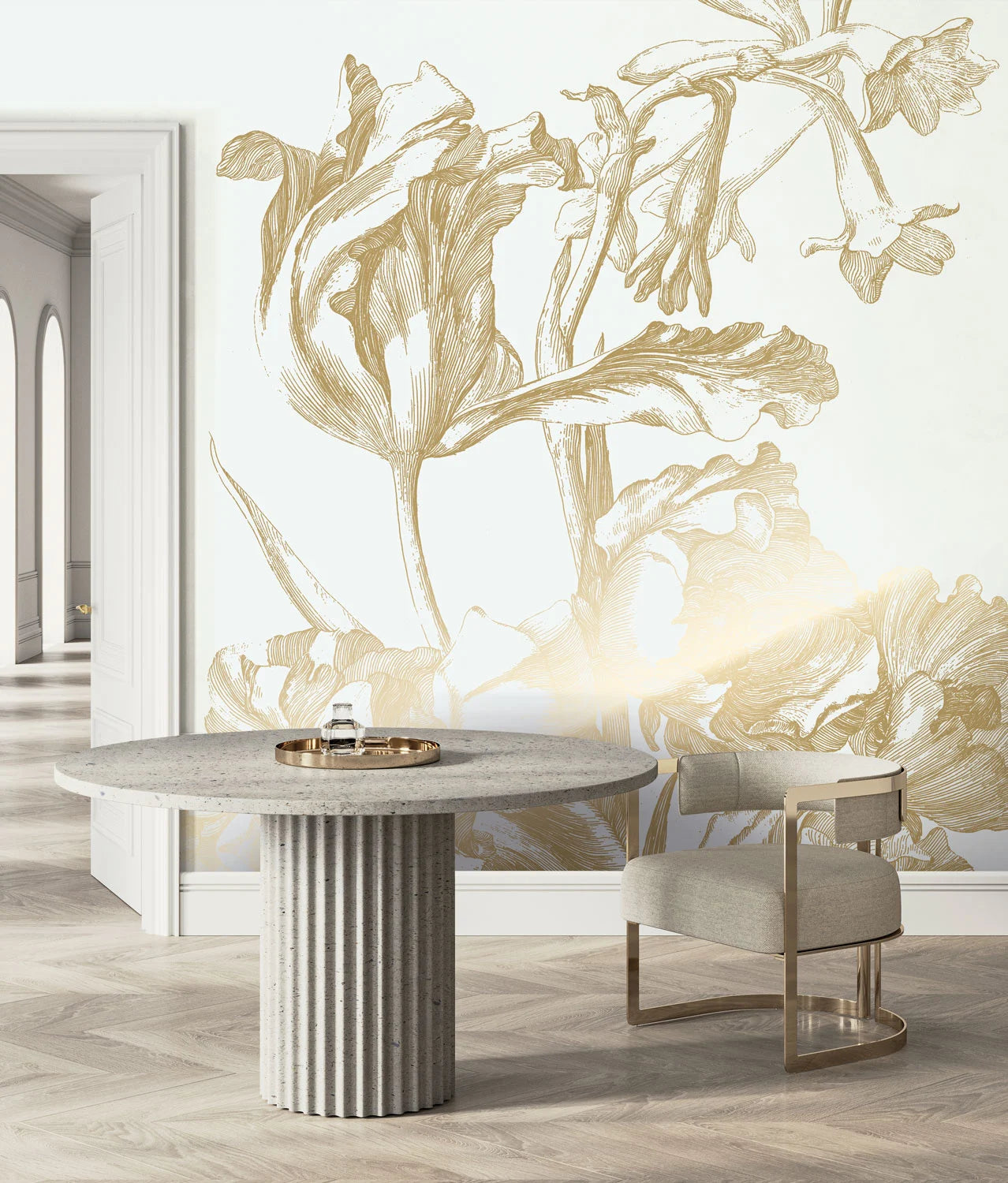 KEK Amsterdam - Gold Tapete Engraved Flowers Grauweiß-Tapeten-KEK Amsterdam-TOJU Interior