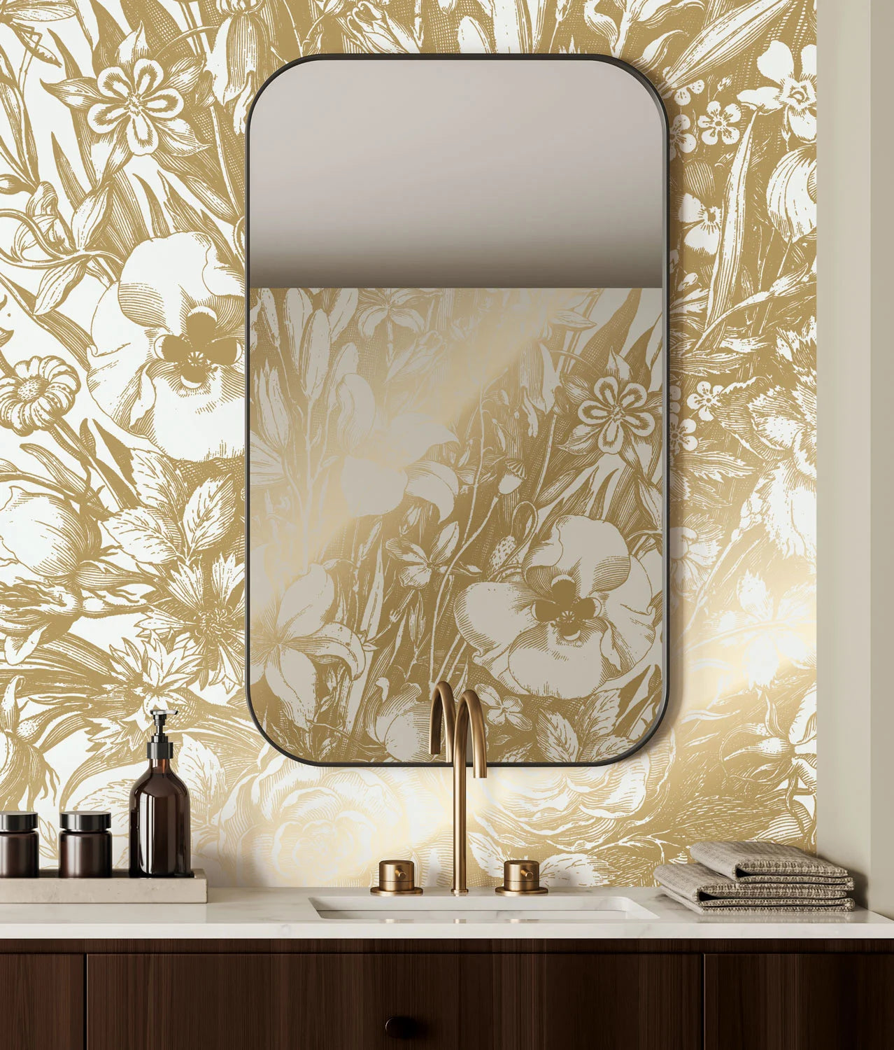 KEK Amsterdam - Gold Tapete Engraved Flowers Grauweiß-Tapeten-KEK Amsterdam-TOJU Interior