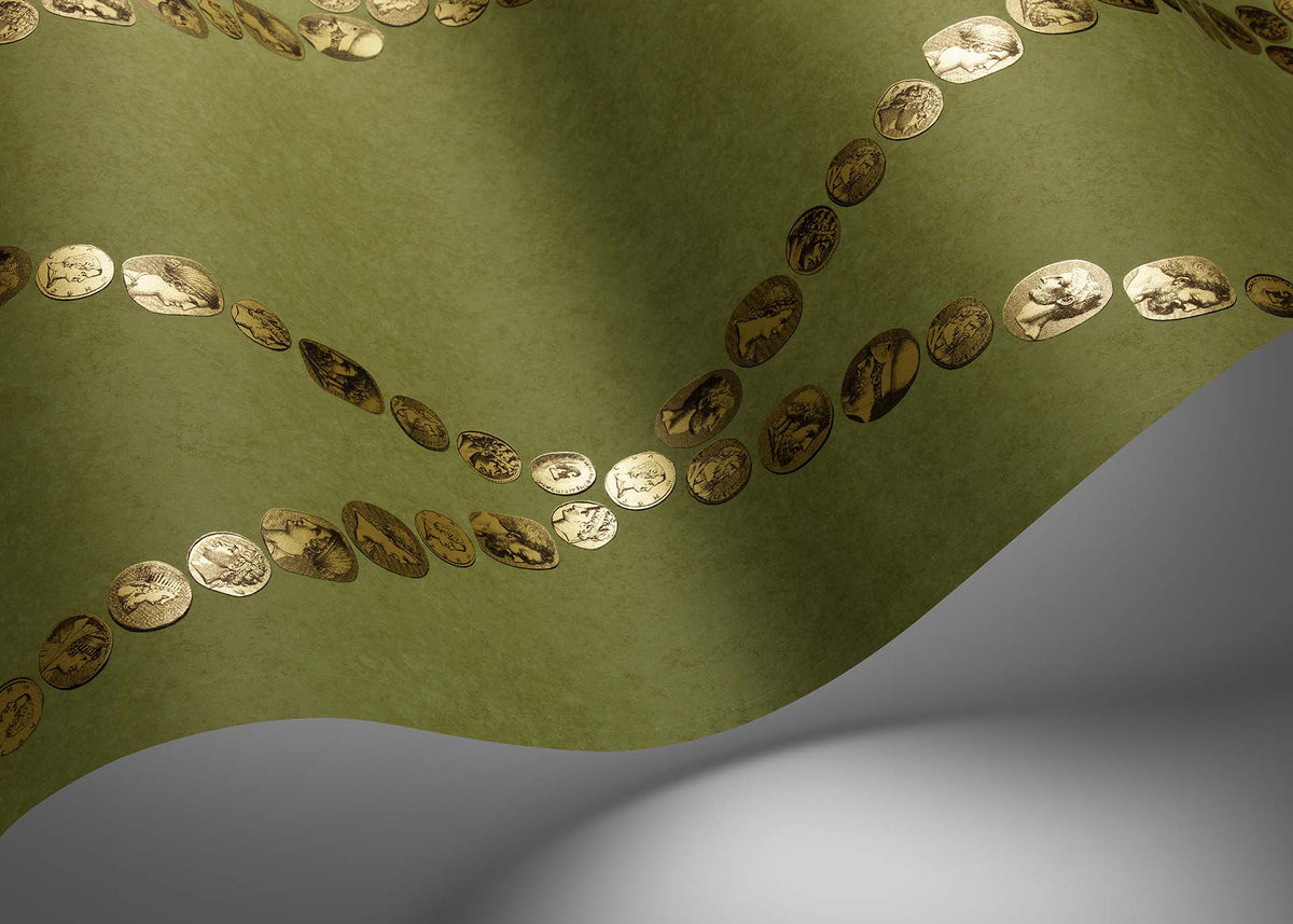 Cole & Son Fornasetti Cammei Antique Gold on Olive – Raumansicht