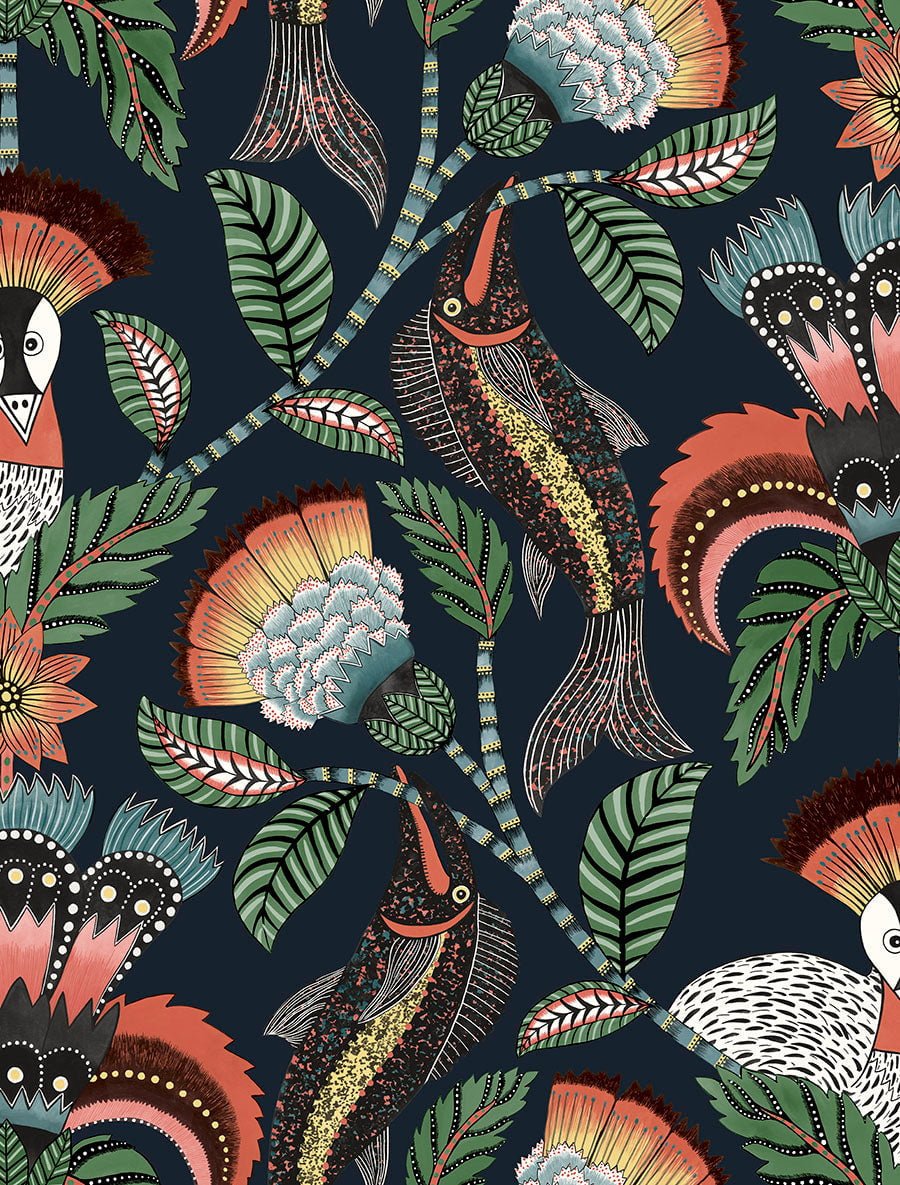 Cole & Son Nene Tangerine, Forest Green & Petrol on Ink 119/8037 – Muster