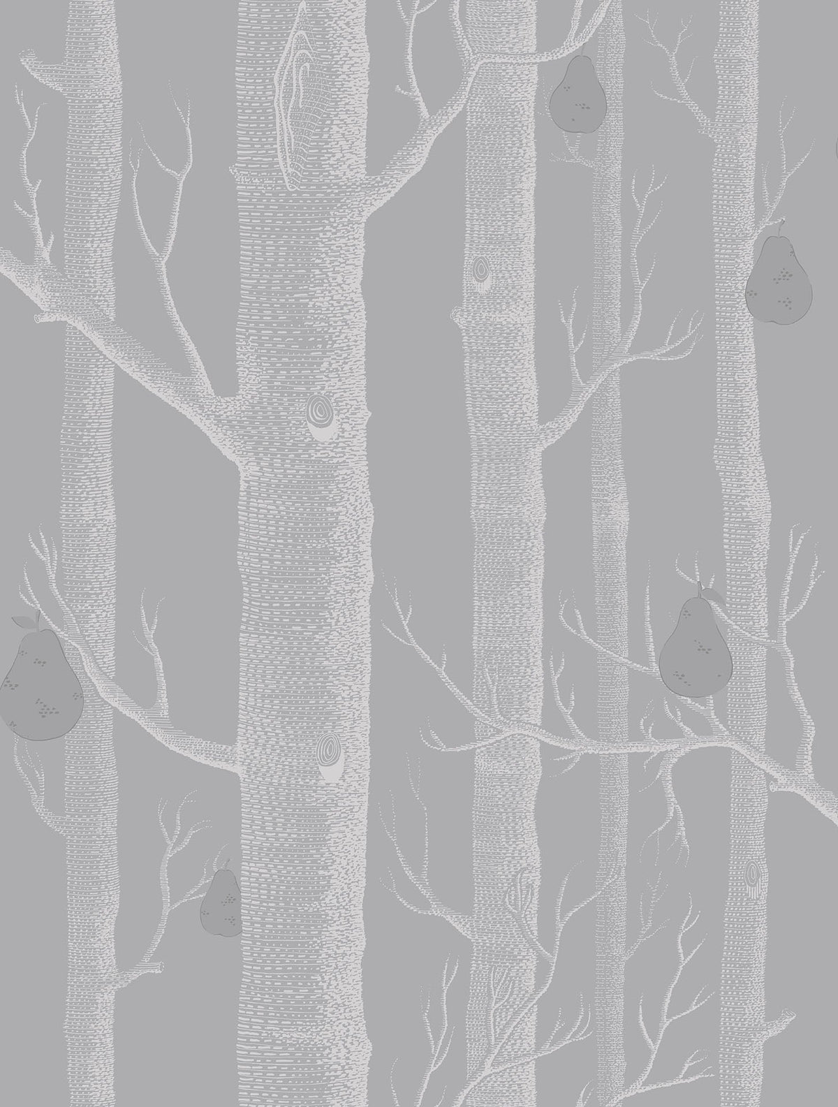 Cole & Son Woods & Pears White & Metallic Silver on Grey 95/5029 – Muster