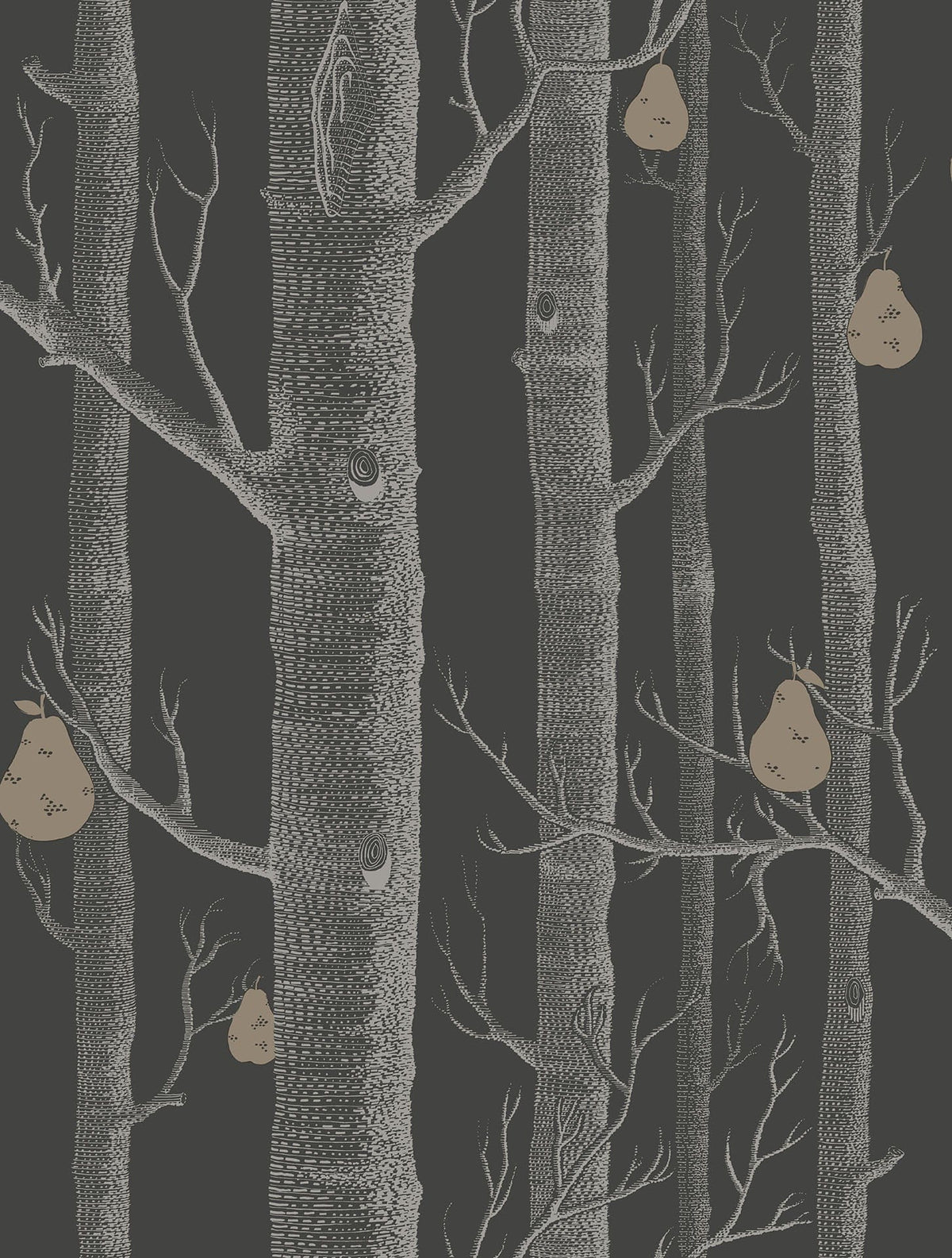 Cole & Son Woods & Pears White & Metallic Silver on Charcoal 95/5031 – Muster
