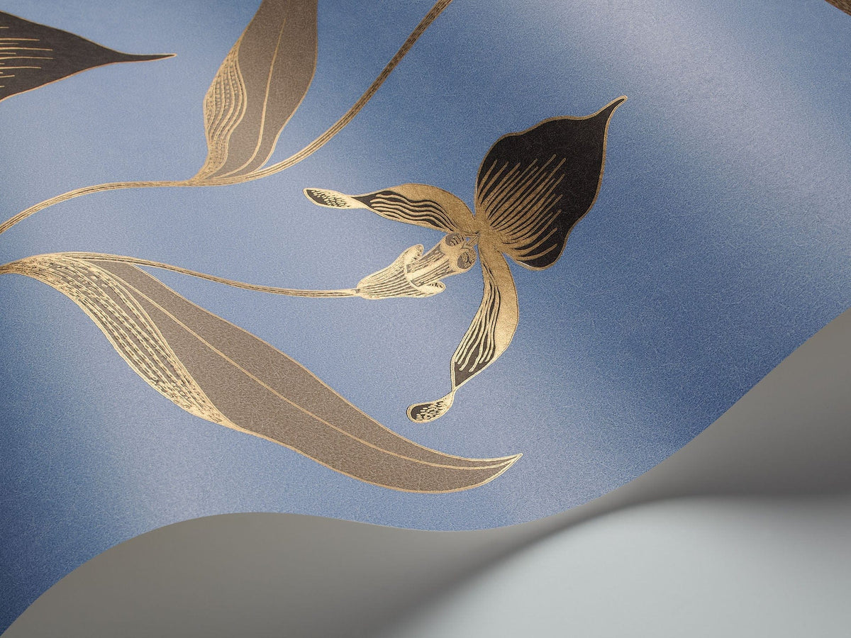 Cole & Son Orchid – Charcoal, Taupe & Metallic Gold on Hyacinth Blue – 66/4030