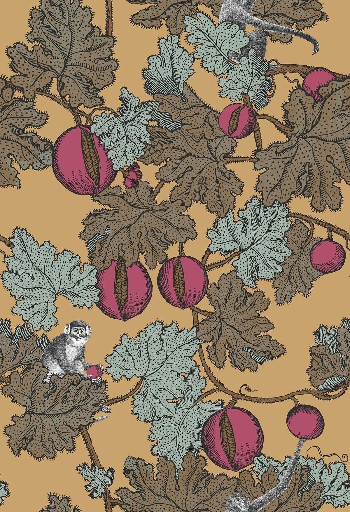 Cole & Son Frutto Proibito Tapete in Print Room Blue & Magenta on Metallic Gold