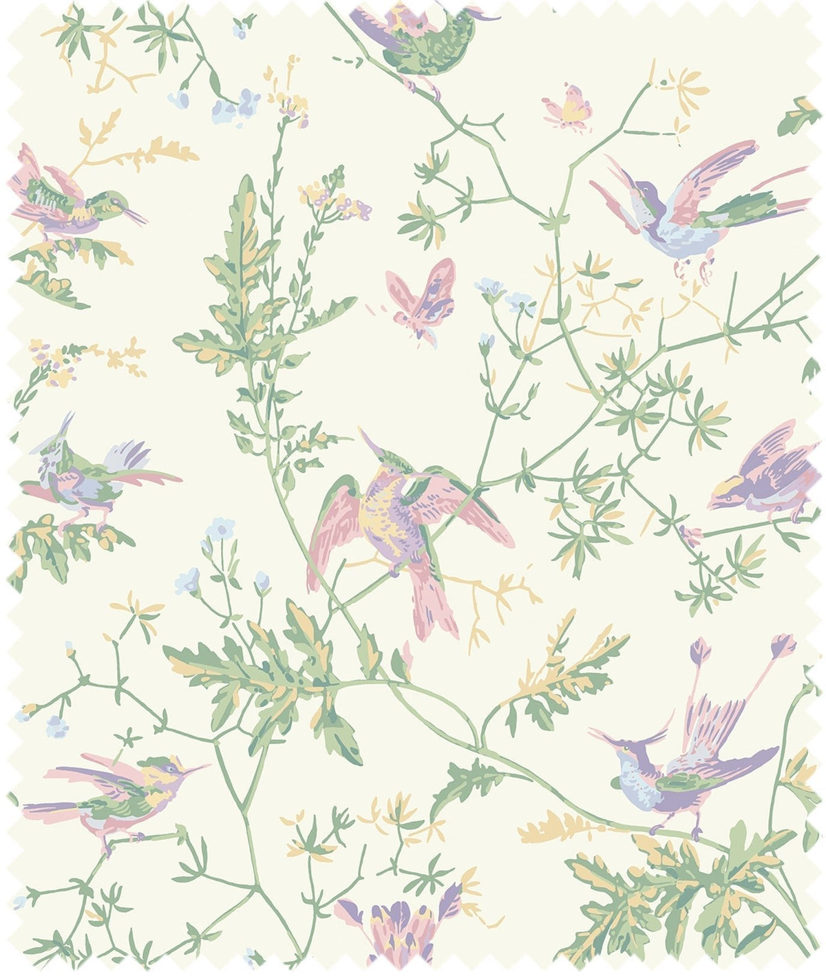 Cole & Son – Stoff Hummingbirds Cotton – F125/3009 – Blush, Sage, & Mulberry on Cream