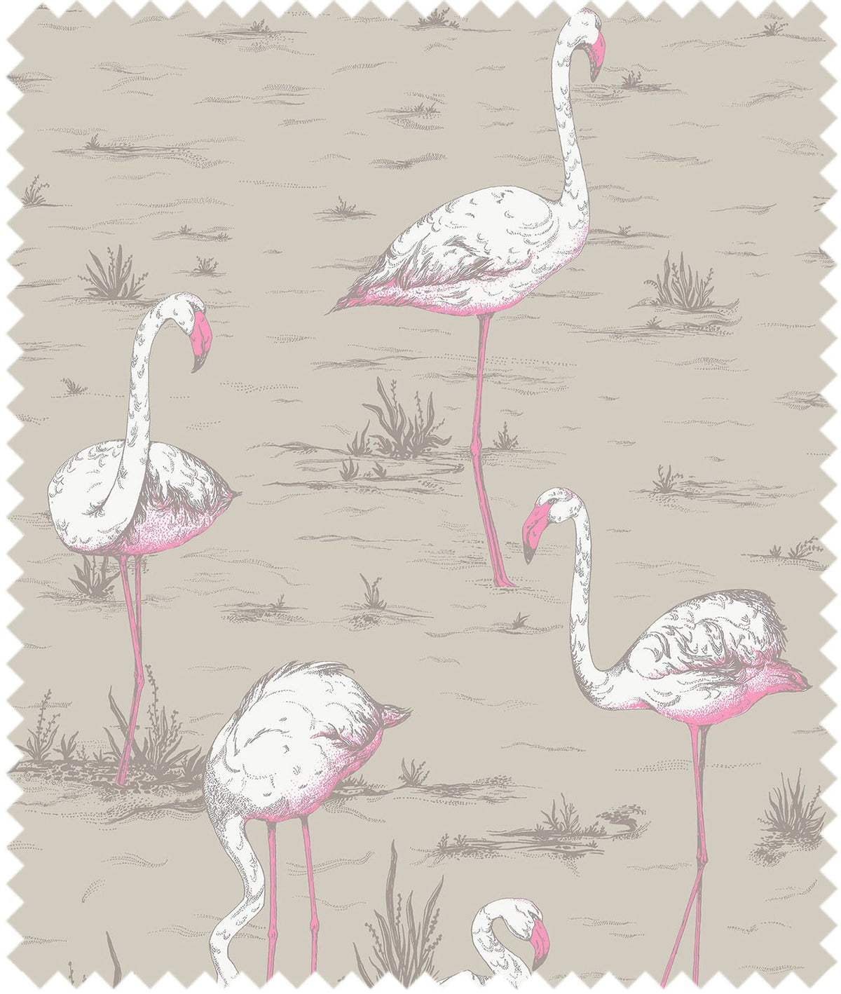 Cole & Son – Stoff Flamingos Linen Union – F111/3011LU – White & Fuchsia on Taupe