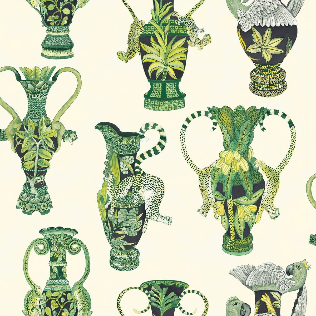 Cole & Son Khulu Vases Multi Greens on Pale Cream 109/12056 – Muster