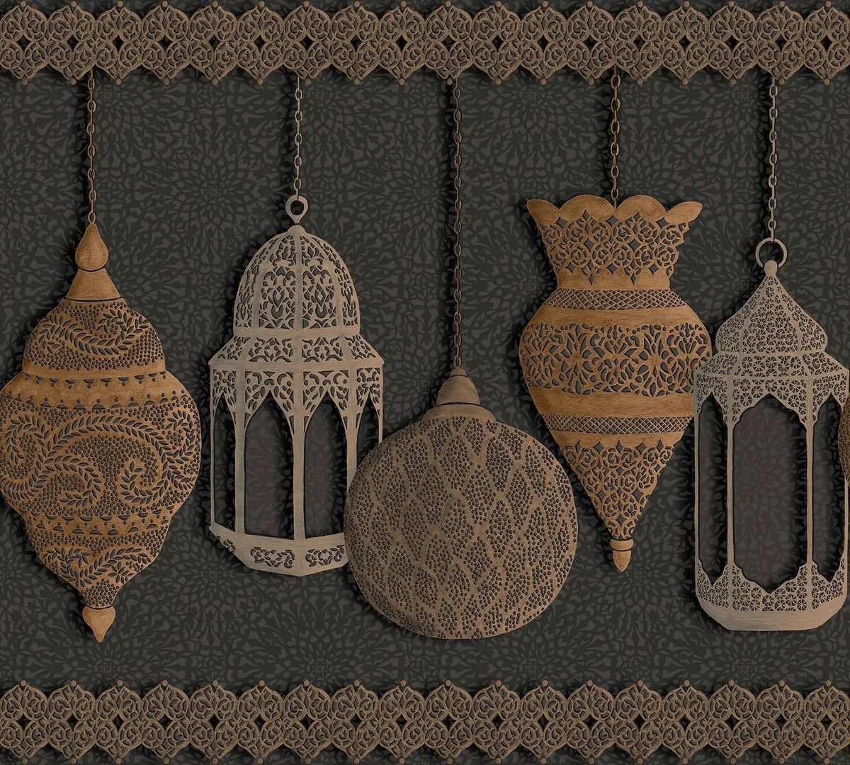 Cole & Son Fez Border – Metallic Silver & Metallic Bronze on Charcoal (113/6015), Musteransicht