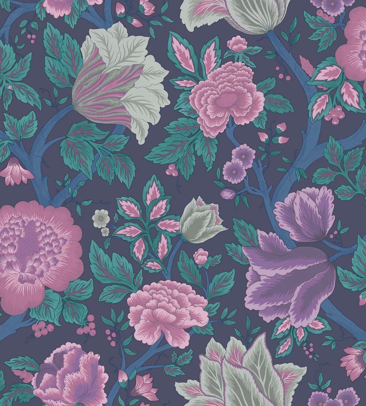Cole & Son Midsummer Bloom Mulberry, Purple & Teal on Ink 116/4015 – Muster