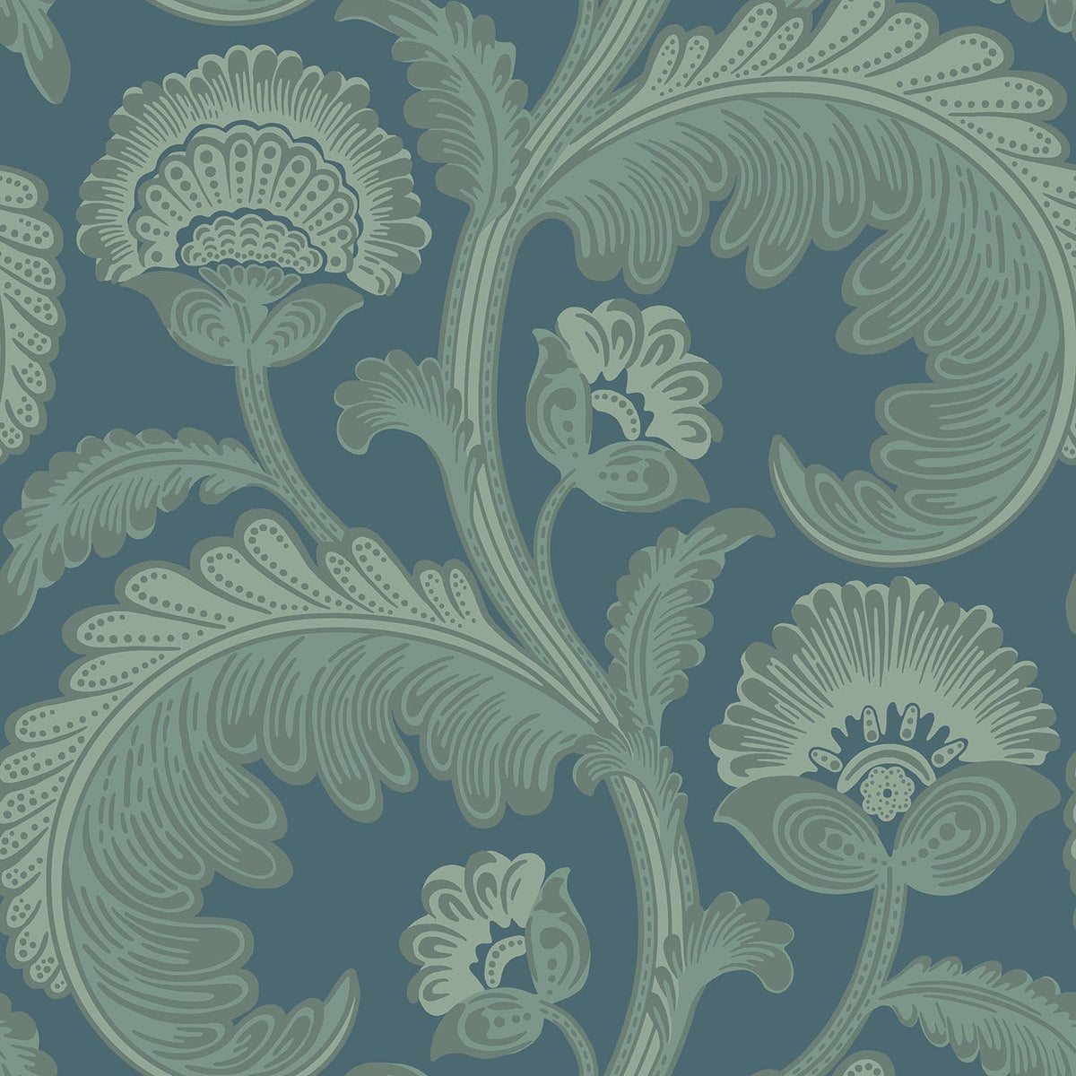 Cole & Son Fanfare Flock – Duck Egg on Dark Petrol (116/7026), Musteransicht