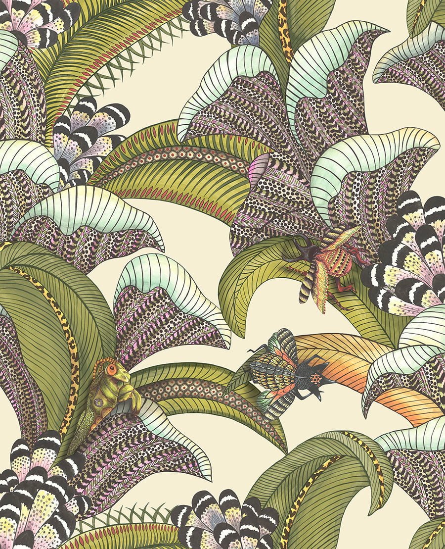 Cole & Son Hoopoe Leaves Olive, Chartreuse & Fuchsia on Cream 119/1001 – Muster