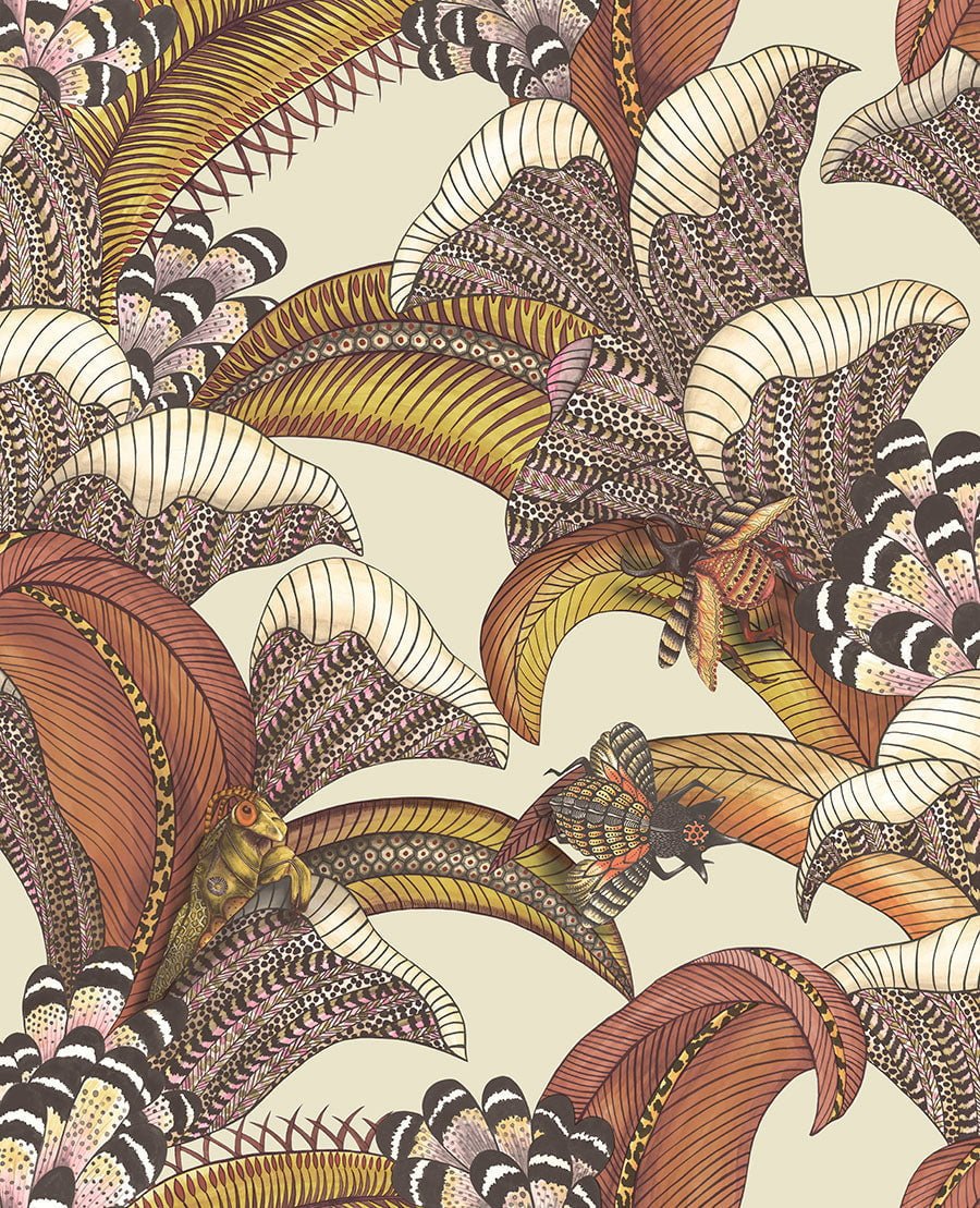 Cole & Son Hoopoe Leaves Crimson, Canary Yellow, Fuchsia on Stone 119/1004 – Muster