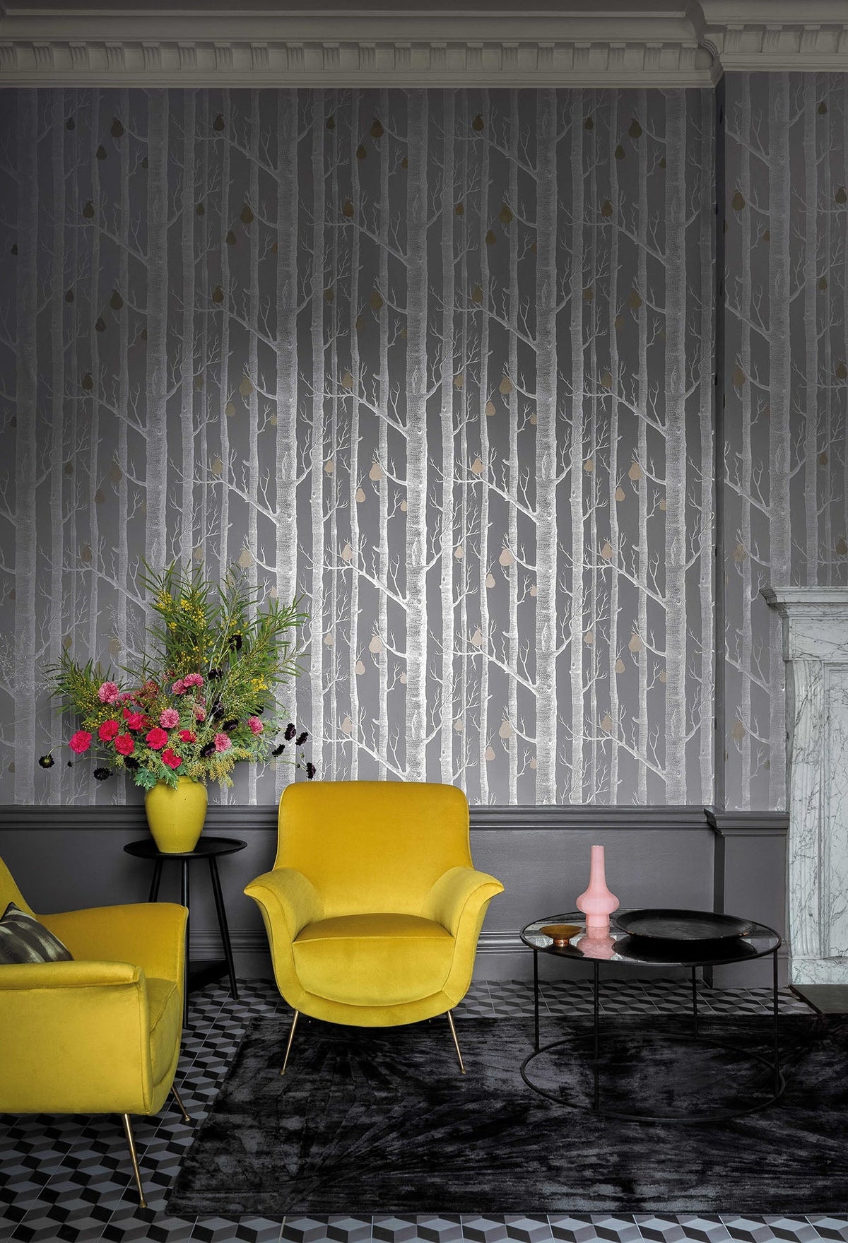 Cole & Son Woods & Pears Metallic Silver & Metallic Bronze on Lilac Grey 95/5030 – Raumansicht