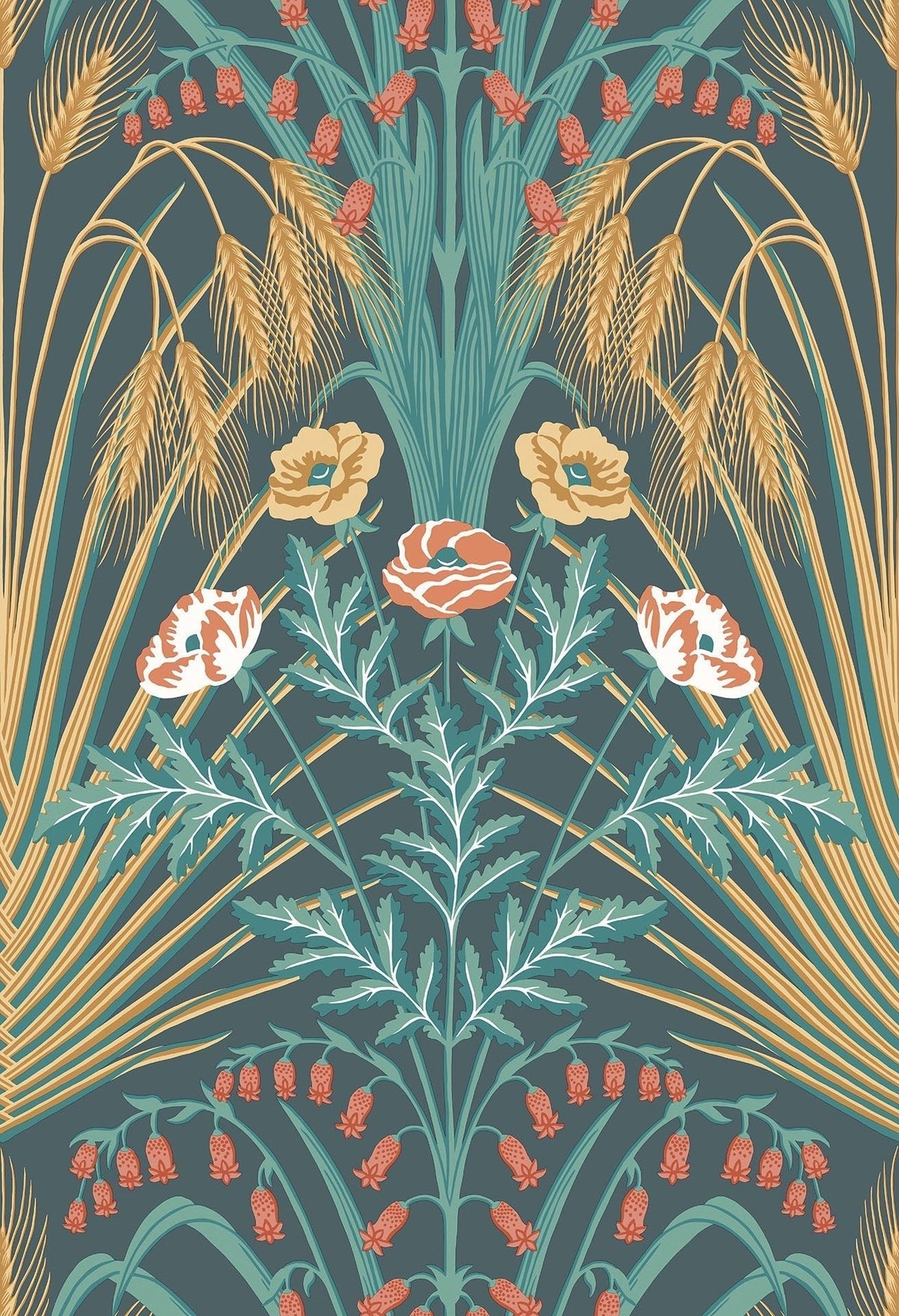 Cole & Son Bluebell Tapete, Viridian, Metallic Gold & Coral on Dark Viridian (115/3010)