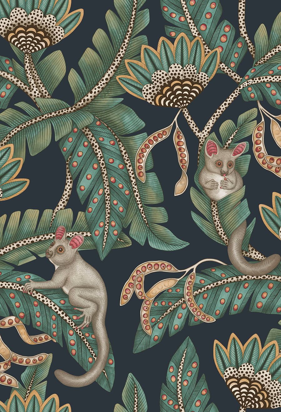 Cole & Son Bush Baby – Teal & Ochre on Ink (119/7034)