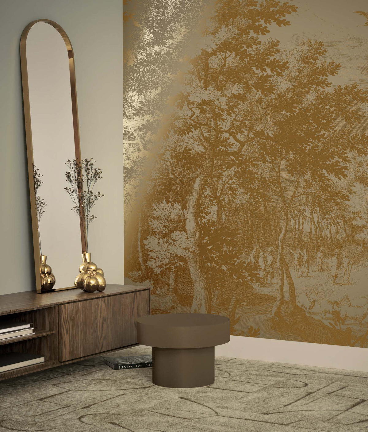 KEK Amsterdam Engraved Landscapes Gold/Taupe Tapete im Wohnraum