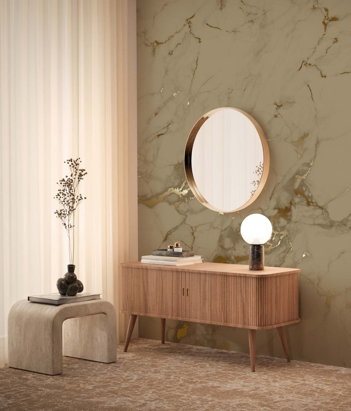 KEK Amsterdam Marble Gold/Taupe Tapete-Tapeten-KEK Amsterdam-194,8 × 280 cm (4 Bahnen)-Hochglanz-Gold-TOJU Interior